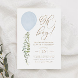 Oh Boy Blue Balloon Eucalyptus Baby Shower-inbjuda Inbjudningar