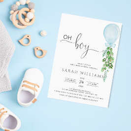 Oh Boy Blue Balloon Eucalyptus Baby Shower-inbjuda Inbjudningar