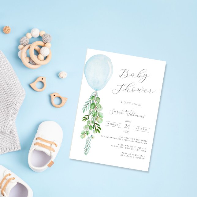 Oh Boy Blue Balloon Eucalyptus Baby Shower-inbjuda Inbjudningar (Skapare uppladdad)