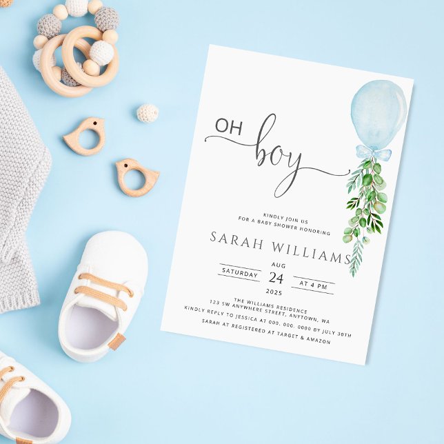 Oh Boy Blue Balloon Eucalyptus Baby Shower-inbjuda Inbjudningar (Skapare uppladdad)