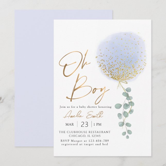 Oh Boy Blue Balloon Eucalyptus Baby Shower Inbjudningar (Fram/baksida)