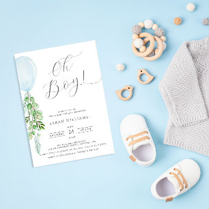 Oh Boy Blue Balloon Eucalyptus Baby Shower Inbjudningar