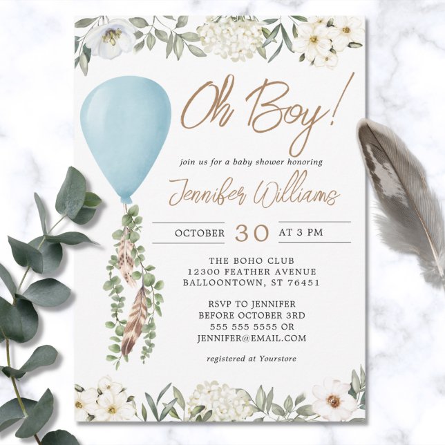 Oh Boy Blue Balloon Eucalyptus Flowers Baby Shower Inbjudningar (Skapare uppladdad)