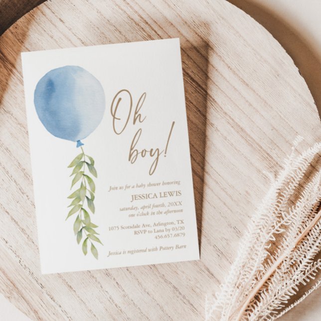 Oh Boy Blue Balloon Eucalyptus Foliage Baby Shower Inbjudningar (Skapare uppladdad)