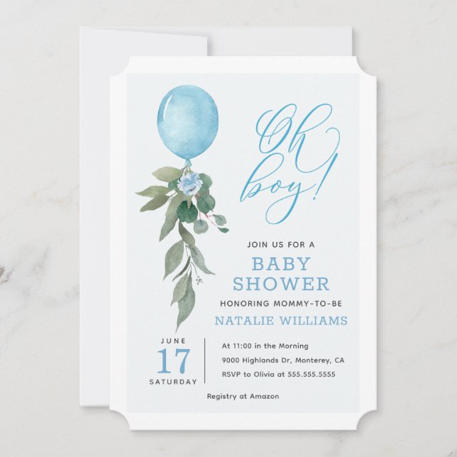 Oh Boy Blue Balloon Greenery Baby Shower Inbjudningar (Framsida)