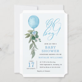 Oh Boy Blue Balloon Greenery Baby Shower Inbjudningar
