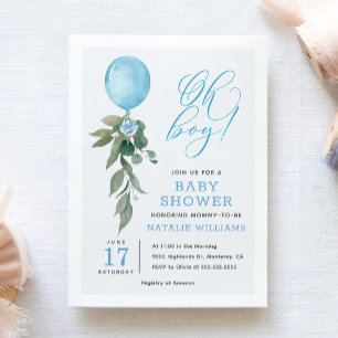 Oh Boy Blue Balloon Greenery Baby Shower Inbjudningar