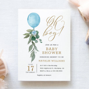 Oh Boy Blue Balloon Greenery Baby Shower Inbjudningar