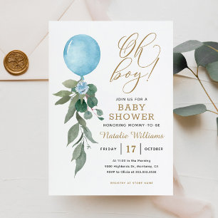 Oh Boy Blue Balloon Greenery Baby Shower Inbjudningar
