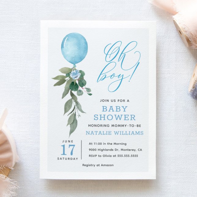 Oh Boy Blue Balloon Greenery Baby Shower Inbjudningar (Skapare uppladdad)