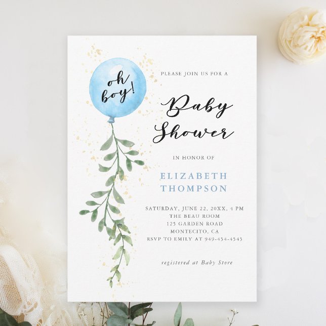 Oh Boy Blue Balloon Soft Foliage Boy Shower Inbjudningar (boy baby shower invitation blue balloon foliage greenery watercolor modern calligraphy botanical)
