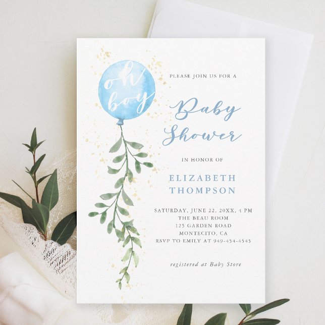 Oh Boy Blue Balloon Soft Greenery Boy Shower Inbjudningar (boy baby shower invitation blue balloon greenery watercolor modern calligraphy simple elegant)