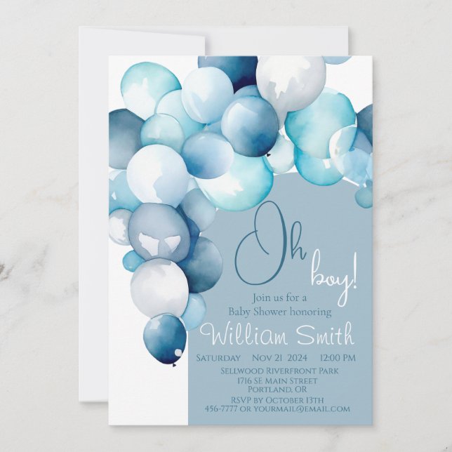 Oh Boy Blue balloons arch babydusch Inbjudningar (Framsida)