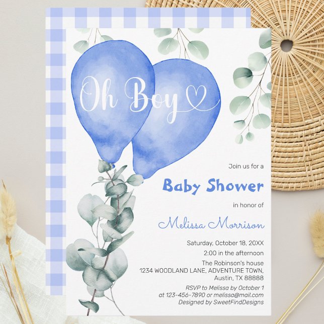 Oh Boy Blue Balloons Modern Eucalyptus Baby Shower Inbjudningar (Oh Boy Blue Balloons Modern Eucalyptus Baby Shower Invitation)