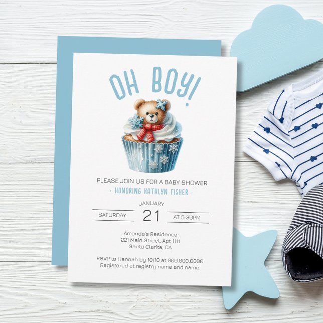 Oh Boy Blue Bear Animal Baby Shower Inbjudningar (Oh Boy Blue Cupcake Bear Baby Shower Invitation)