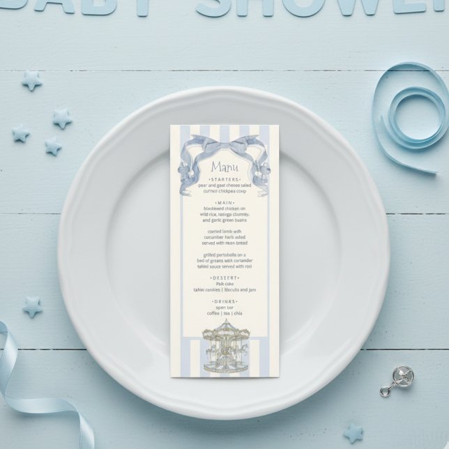 Oh Boy Blue Bow Carousel Baby Shower Menu Card  Meny (Skapare uppladdad)