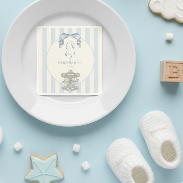 Oh Boy Blue Bow Karusellhäst Baby Shower  Pappersservett (Skapare uppladdad)