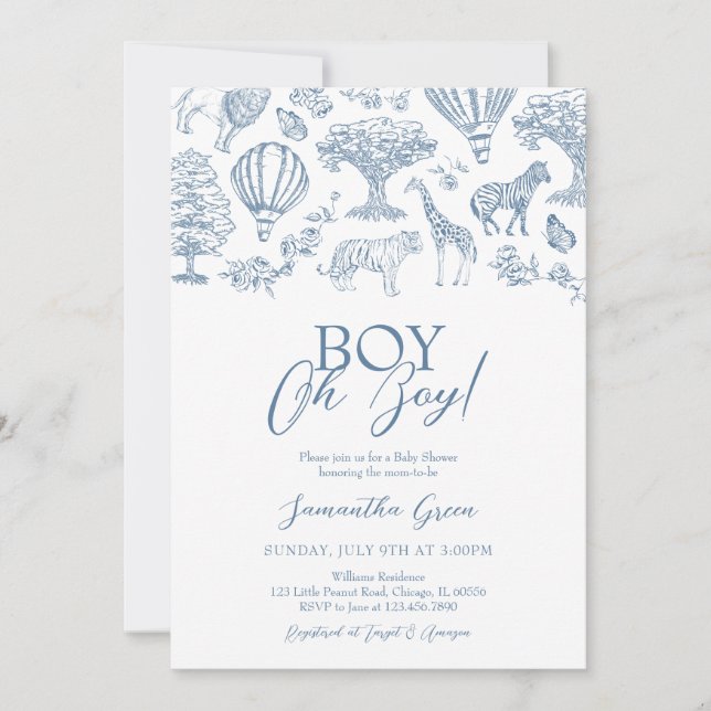 Oh Boy Blue Chinoiserie Safari Baby Shower Inbjudningar (Framsida)