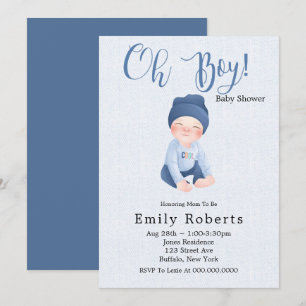 Oh Boy Blue Denim Tecknad Baby Shower-inbjudningar