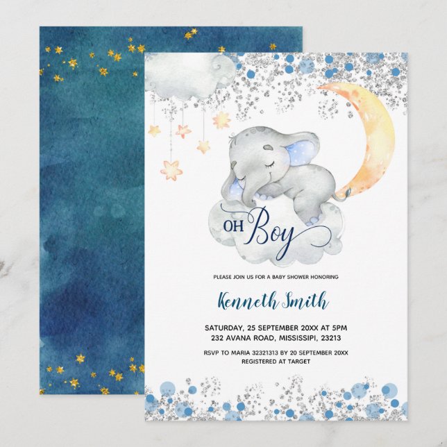 Oh Boy Blue Elephant Baby Shower-inbjudan Inbjudningar (Fram/baksida)
