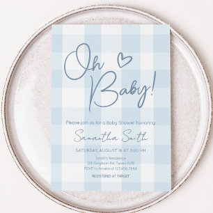 Oh Boy Blue Gingham Baby Shower Inbjudningar