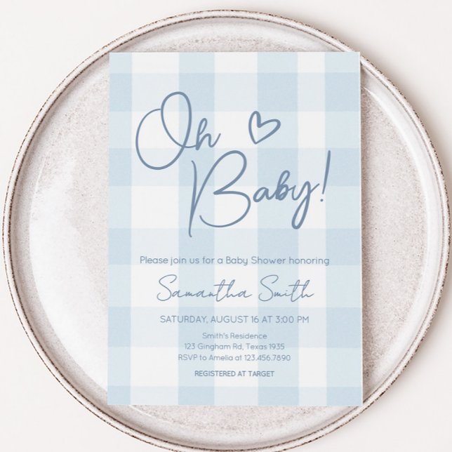 Oh Boy Blue Gingham Baby Shower Inbjudningar ( Blue Gingham Oh Boy Baby Shower Invitation)
