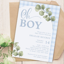 Oh Boy Blue Gingham och Greenery Baby Shower Inbjudningar