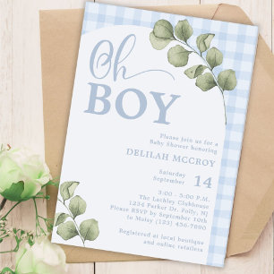Oh Boy Blue Gingham och Greenery Baby Shower Inbjudningar
