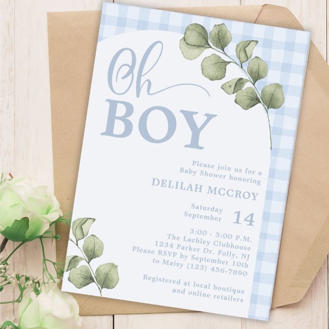 Oh Boy Blue Gingham och Greenery Baby Shower Inbjudningar (Skapare uppladdad)