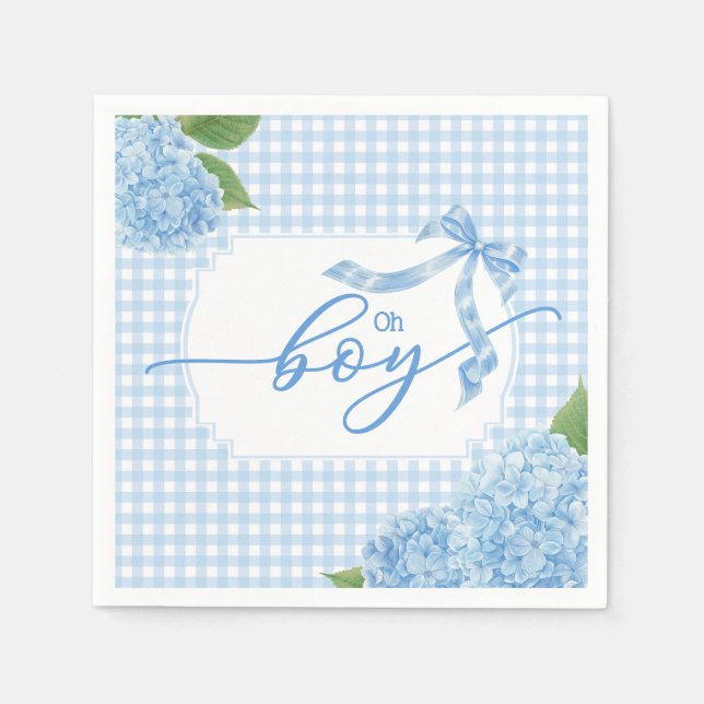 Oh Boy Blue Gingham Plaid Hydrangea Baby Shower Na Pappersservett (Framsidan)