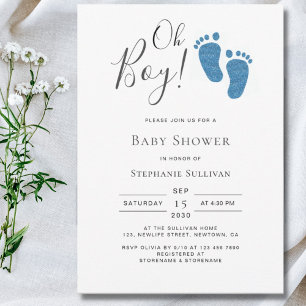 Oh Boy Blue Glitter Feet Boy's Baby Shower Inbjudningar