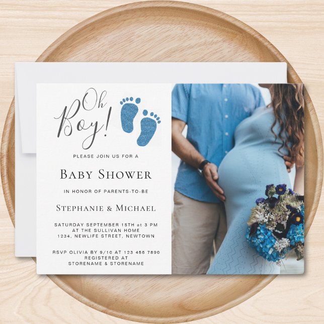 Oh Boy Blue Glitter Feet Photo Par Baby Shower Inbjudningar (Skapare uppladdad)
