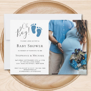 Oh Boy Blue Glitter Feet Photo Par Baby Shower Inbjudningar