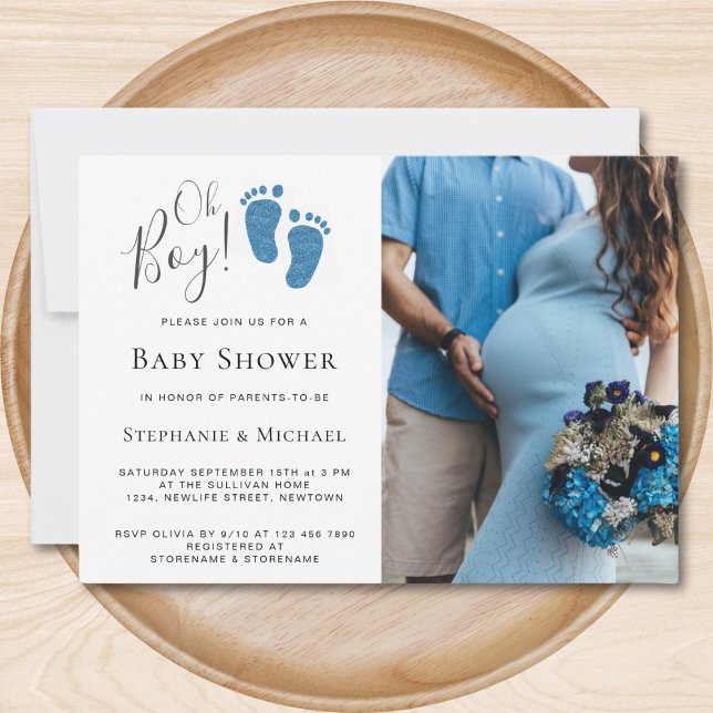 Oh Boy Blue Glitter Feet Photo Par Baby Shower Inbjudningar (Skapare uppladdad)