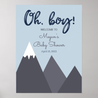 Oh Boy Blue Grått Mountain Baby Shower Poster