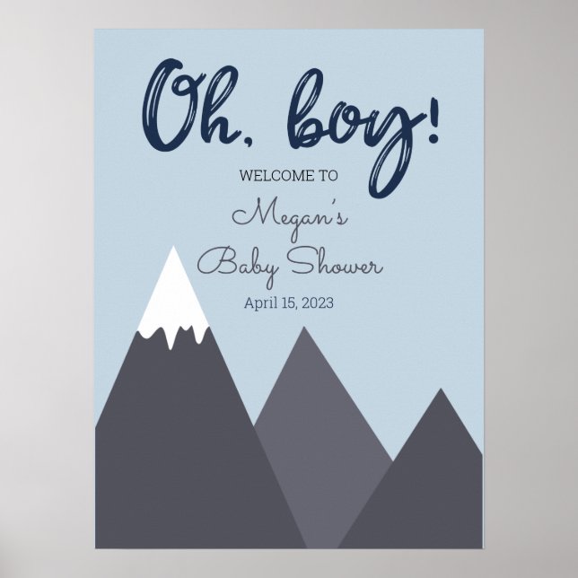 Oh Boy Blue Grått Mountain Baby Shower Poster (Framsidan)