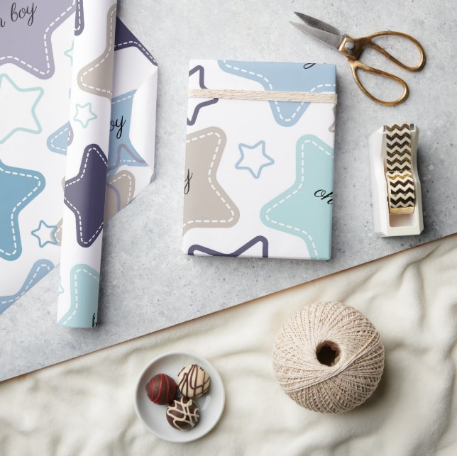 Oh Boy Blue Grönt Stars Baby Shower Baby Gift Presentpapper (Hantverk)