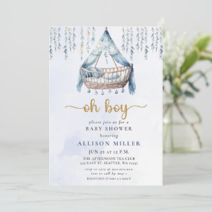 Oh Boy Blue Guld Crib Boho Boy Shower Inbjudningar