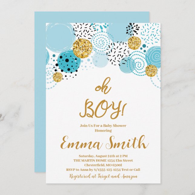 Oh Boy Blue Guld Glitter Baby Shower-inbjudan för  Inbjudningar (Fram/baksida)