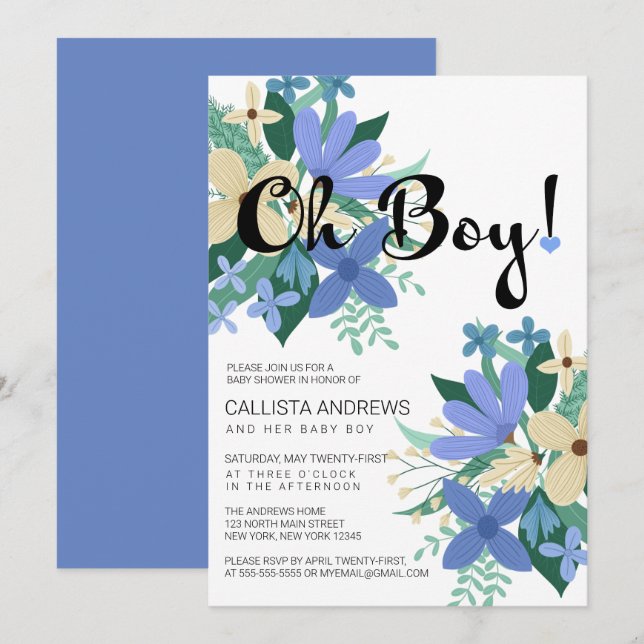 Oh Boy Blue Ivory Blommigt Bouquet Baby Shower Inbjudningar (Fram/baksida)