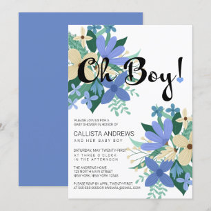 Oh Boy Blue Ivory Blommigt Bouquet Baby Shower Inbjudningar