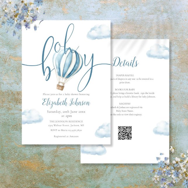 Oh Boy Blue-Luftballong alla i en babyskabb Inbjudningar (Oh Boy Blue Hot Air Balloon All In One Baby Shower Invitation)
