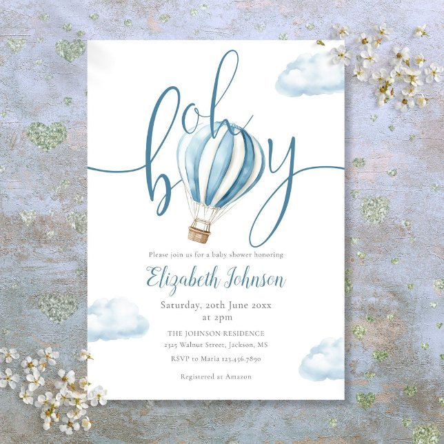 Oh Boy Blue Luftballong Baby Shower Inbjudningar (Oh Boy Blue Hot Air Balloon Baby Shower Invitation)