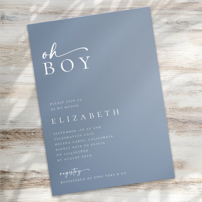Oh Boy Blue Minimalist Script Baby Shower Inbjudningar (Skapare uppladdad)