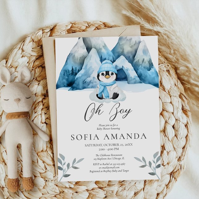 Oh Boy Blue Penguins Winter Baby Shower Inbjudningar (Skapare uppladdad)