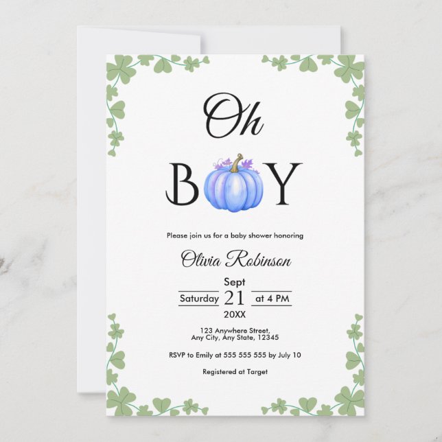 Oh Boy Blue Pumpkin Fall Baby Shower Inbjudningar (Framsida)