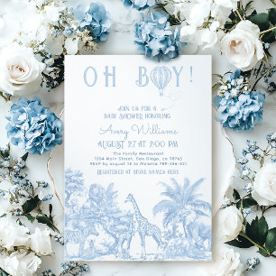 Oh Boy Blue Toile Safari Animal Baby Shower Inbjudningar