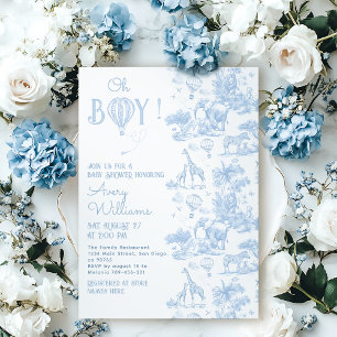 Oh Boy Blue Toile Safari Animal Baby Shower Inbjudningar