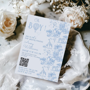 Oh Boy Blue Toile Safari Animal Baby Shower Inbjudningar