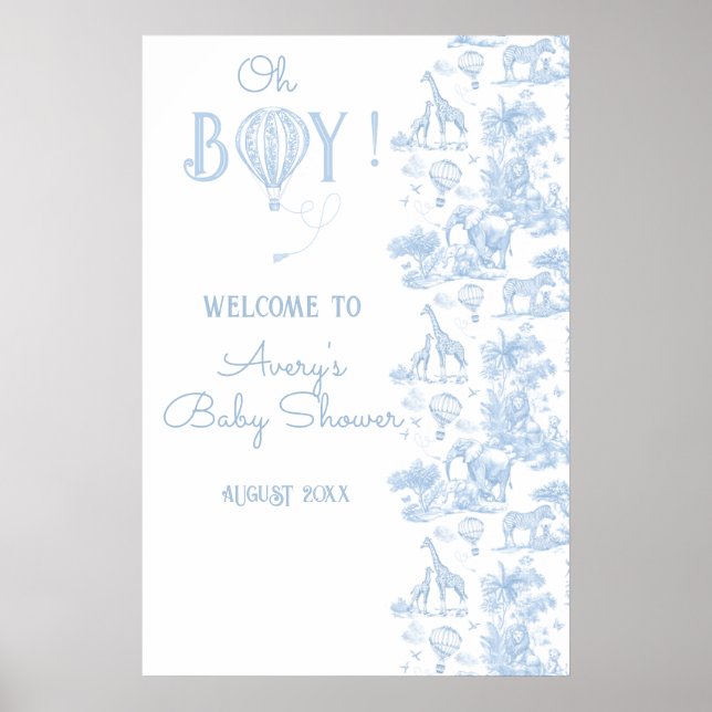 Oh Boy Blue Toile Safari Animal Baby Shower Poster (Framsidan)